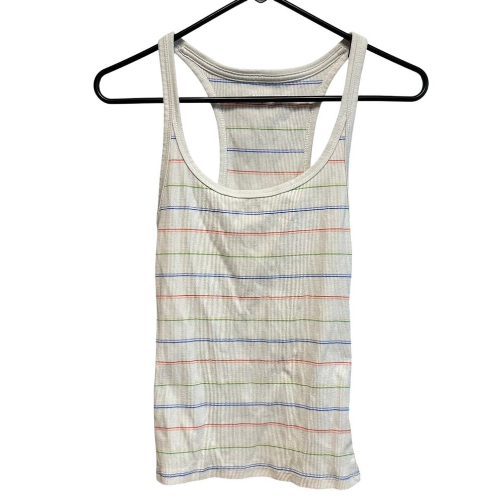 Aerie Tank Top Womens M White Multi Color Striped Ribbed Racerback‎ Scoop Neck